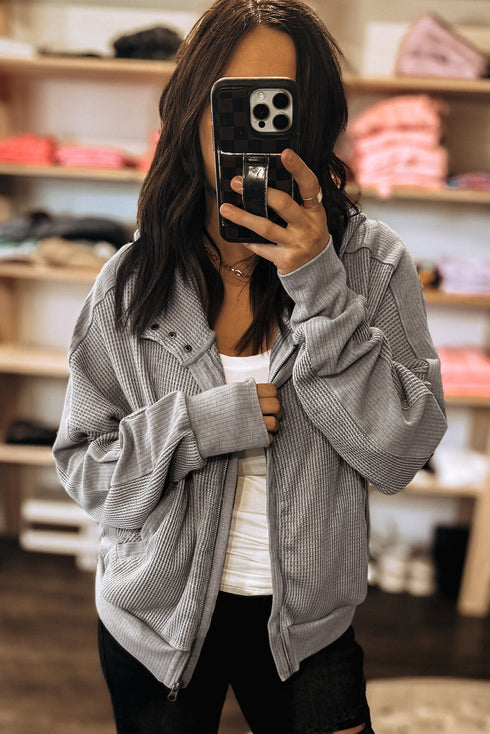Waffle Knit Zip Front Snap Placket Hooded Patchwork Drop Shoulder Jacket